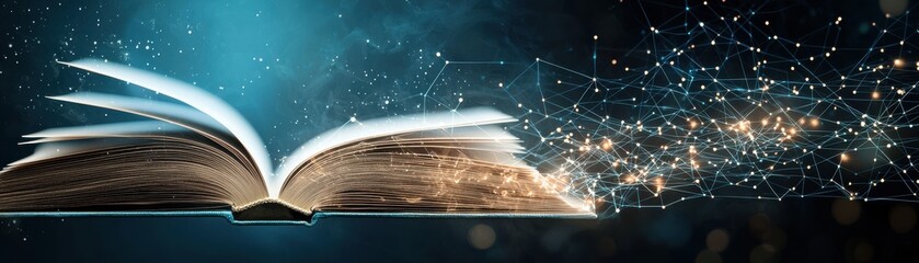 An open book surrounded by magical sparks, symbolizing knowledge and imagination in a captivating atmosphere.