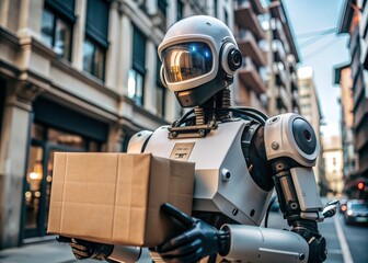 A futuristic robot delivering a package on a city street, showcasing advanced technology in urban logistics. The robot represents the future of automated delivery services in a busy metropolitan area