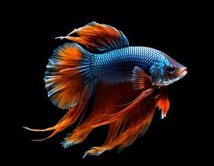 Fototapeta premium Siamese Fighting fish, multi colors betta, Thai national fish, Fish isolated on a black background. The action of the fish turning its head in various directions during swimming. Ai generated image.