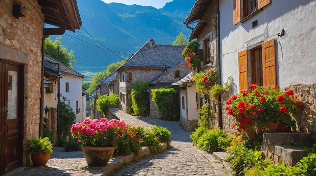 Fototapeta Cobblestone street in historic town or village, traditional house home building architecture, narrow alley, outdoor exterior view, nobody, culture landmark facade, tourism