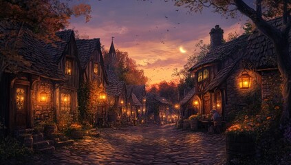 Fototapeta premium Cobblestone street lit by lanterns in a medieval village.