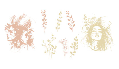 Obraz premium Detailed trendy design for natural products, wall art, social media, prints, invitations and branding design. Vector set of line drawings of decorated women's heads with flowers, plants and leaves.