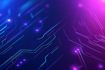 Futuristic vector illustration of an abstract circuit board with neon blue and purple gradients, showcasing intricate digital patterns and tech elements