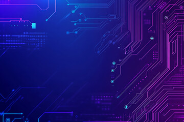 Futuristic vector illustration of an abstract circuit board with neon blue and purple gradients, showcasing intricate digital patterns and tech elements