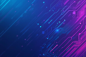 Futuristic vector illustration of an abstract circuit board with neon blue and purple gradients, showcasing intricate digital patterns and tech elements