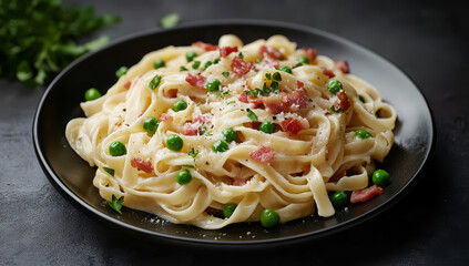 Pasta Carbonara on black plate