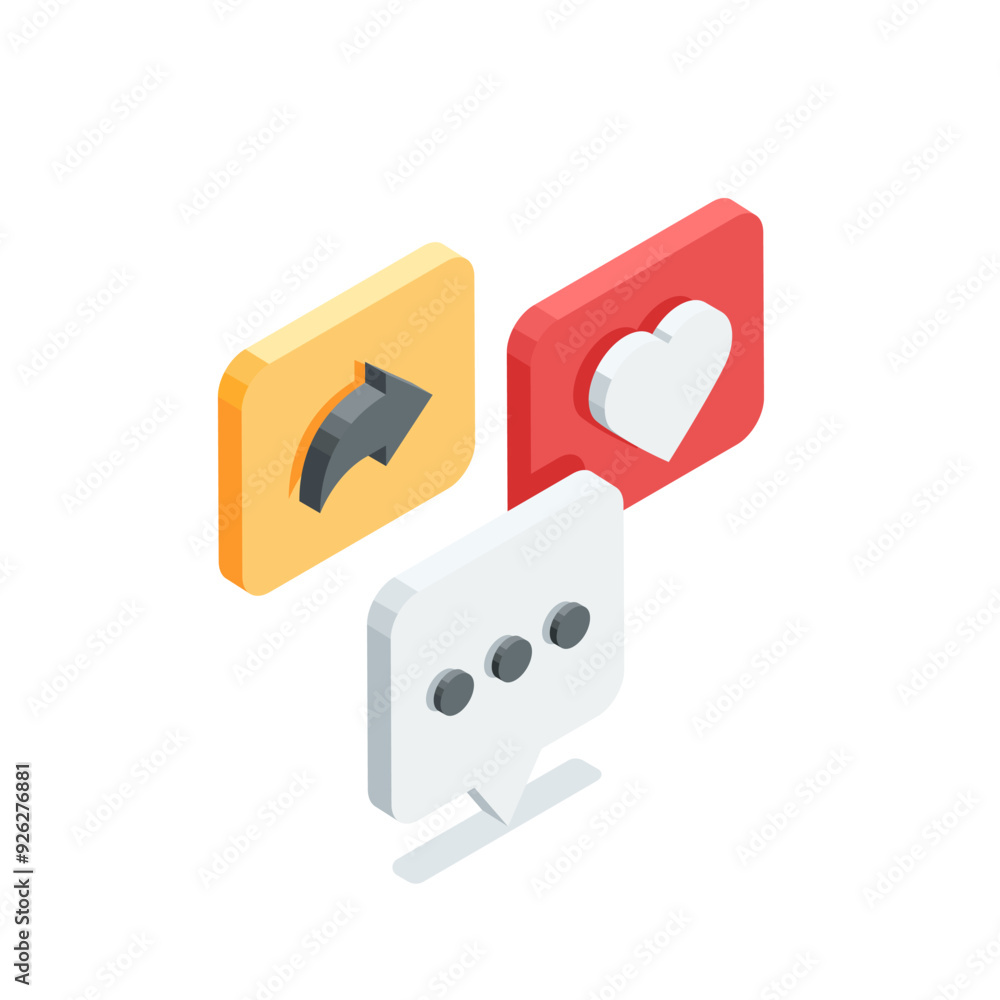 Poster isometric vector icons of comment and link and like, in color on white background, leave like and co