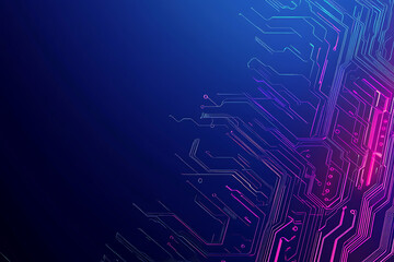 Futuristic vector illustration of an abstract circuit board with neon blue and purple gradients, showcasing intricate digital patterns and tech elements