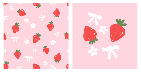 Seamless pattern with strawberry, white flower and red ribbon bow on pink background. Strawberry, flower and red ribbon bow icon set vector.