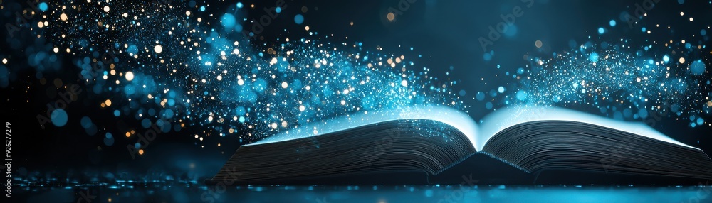 Aufkleber an open book with a magical glow, surrounded by sparkling particles, creating an enchanting atmosphe