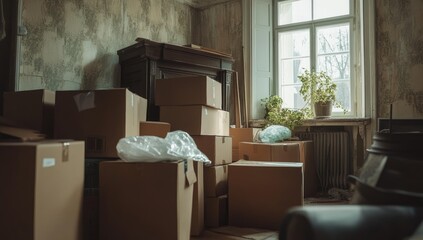 Stacked cardboard boxes in a room with a window.