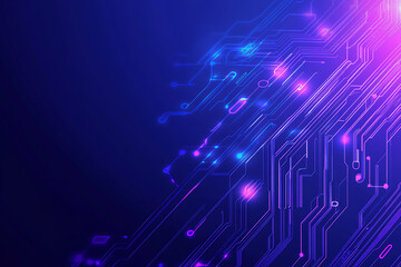 Futuristic vector illustration of an abstract circuit board with neon blue and purple gradients, showcasing intricate digital patterns and tech elements
