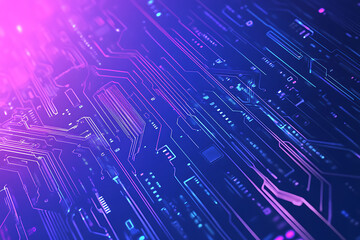 Futuristic vector illustration of an abstract circuit board with neon blue and purple gradients, showcasing intricate digital patterns and tech elements