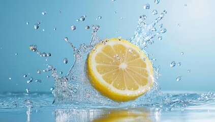 Lemon wedge splashing in clear water.