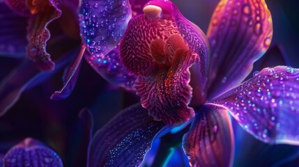 Close-up of Purple Orchid Petals with Water Drops.