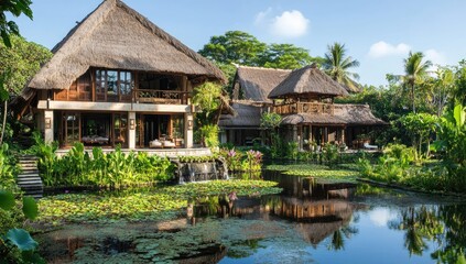 Fototapeta premium Tropical resort with thatched roof buildings and pond.