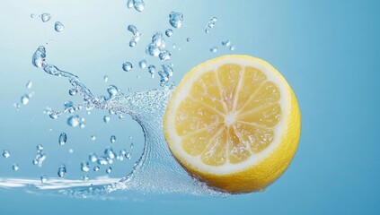 Lemon slice splashing in water, bubbles.