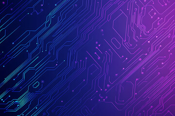 Futuristic vector illustration of an abstract circuit board with neon blue and purple gradients, showcasing intricate digital patterns and tech elements