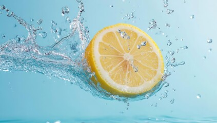 Lemon slice splashing in blue water.