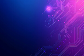 Futuristic vector illustration of an abstract circuit board with neon blue and purple gradients, showcasing intricate digital patterns and tech elements