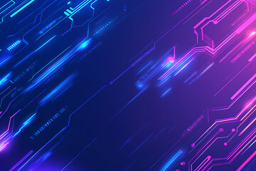 Futuristic vector illustration of an abstract circuit board with neon blue and purple gradients, showcasing intricate digital patterns and tech elements