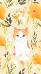 Cat and flower pattern wallpaper cartoon.