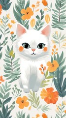Fototapeta premium Cat and flower pattern cartoon animal.