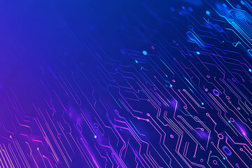 Futuristic vector illustration of an abstract circuit board with neon blue and purple gradients, showcasing intricate digital patterns and tech elements