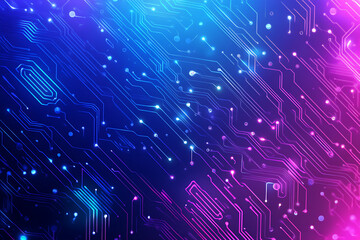 Futuristic vector illustration of an abstract circuit board with neon blue and purple gradients, showcasing intricate digital patterns and tech elements