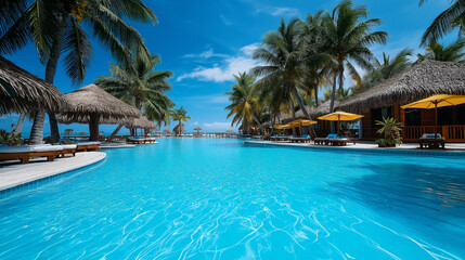 A resort swimming pool surrounded by palm trees and cabanas 