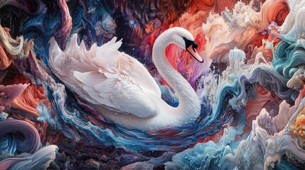 Obraz premium A surreal 3D mural of a majestic swan floating through a cascade of swirling colors and dynamic abstract forms in an otherworldly realm