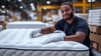 Worker inspecting the quality of a luxury quilted mattress in an industrial warehouse setting