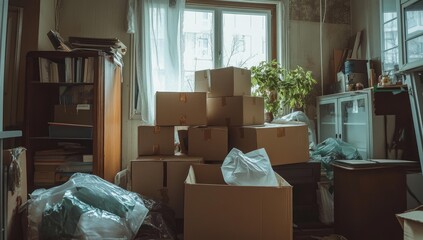 A room filled with boxes, furniture, and plastic bags.