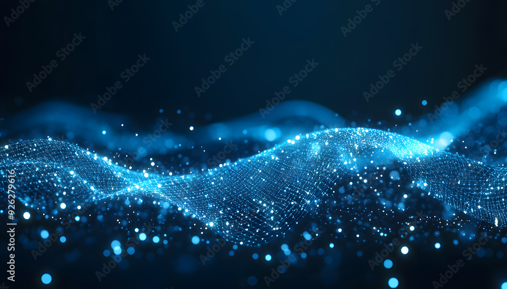 Poster digital data graph background with a polygon mesh and glowing dots, an ai technology concept on a da