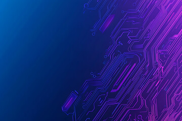 Futuristic vector illustration of an abstract circuit board with neon blue and purple gradients, showcasing intricate digital patterns and tech elements