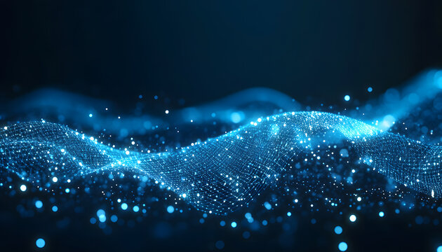 Digital data graph background with a polygon mesh and glowing dots, an AI technology concept on a dark blue background