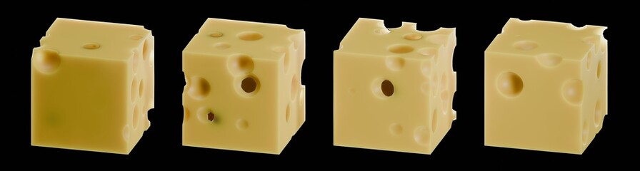Set of four 3D rendered Swiss cheese cubes with distinct holes arranged in a horizontal row, isolated on black background, showcasing different angles and textures.