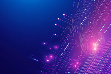 Futuristic vector illustration of an abstract circuit board with neon blue and purple gradients, showcasing intricate digital patterns and tech elements