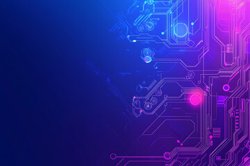 Futuristic vector illustration of an abstract circuit board with neon blue and purple gradients, showcasing intricate digital patterns and tech elements
