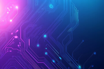 Futuristic vector illustration of an abstract circuit board with neon blue and purple gradients, showcasing intricate digital patterns and tech elements