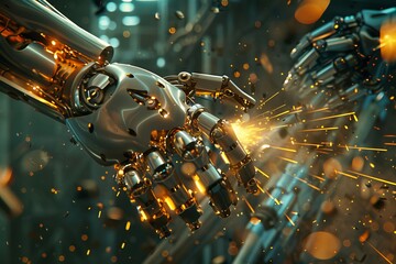Naklejka premium Futuristic Robot Hand Punching Through Metal Wall with Sparks Flying