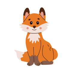 Flat style illustration of a cute fox cub sitting happily Perfect for children designs, greeting cards, and digital projects Warm, friendly character suitable for various creative uses