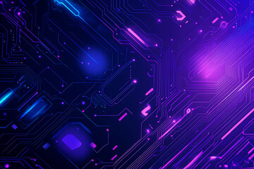Futuristic vector illustration of an abstract circuit board with neon blue and purple gradients, showcasing intricate digital patterns and tech elements