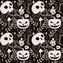 Halloween seamless pattern with pumpkin, scull, mushroom, botanical leaves, spider's net for wallpaper, textile, decorations, cards, fabric, kids celebration 