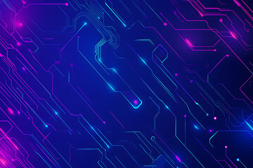 Futuristic vector illustration of an abstract circuit board with neon blue and purple gradients, showcasing intricate digital patterns and tech elements