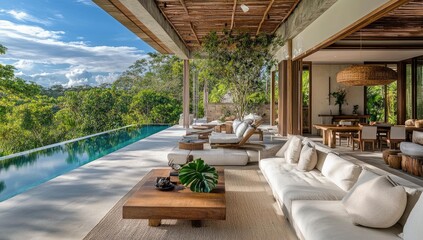 Obraz premium Modern patio with a pool, lounge chairs, and a large