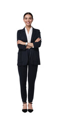 Beautiful woman in black striped suit on white background