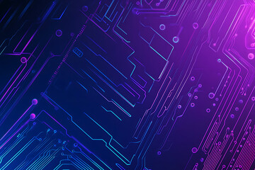 Futuristic vector illustration of an abstract circuit board with neon blue and purple gradients, showcasing intricate digital patterns and tech elements