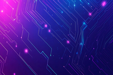 Futuristic vector illustration of an abstract circuit board with neon blue and purple gradients, showcasing intricate digital patterns and tech elements