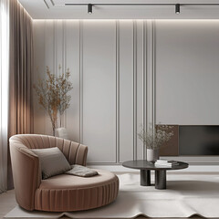 Aesthetic elegant classic interior design. Clear mock up empty wall for decoration in the apartment. Copy space in the room with moldings. Neutral palette of natural colors.